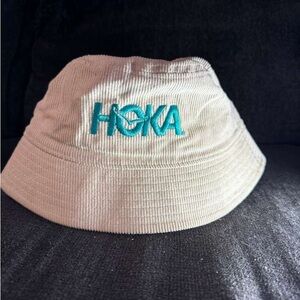 Hoka Beige Bucket Hat with Teal Logo